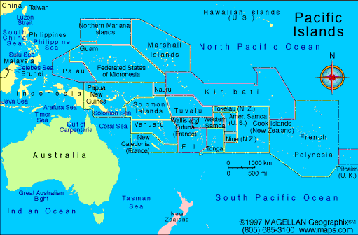 Map of Oceania - the Pacific Islands, New Zealand and Australia